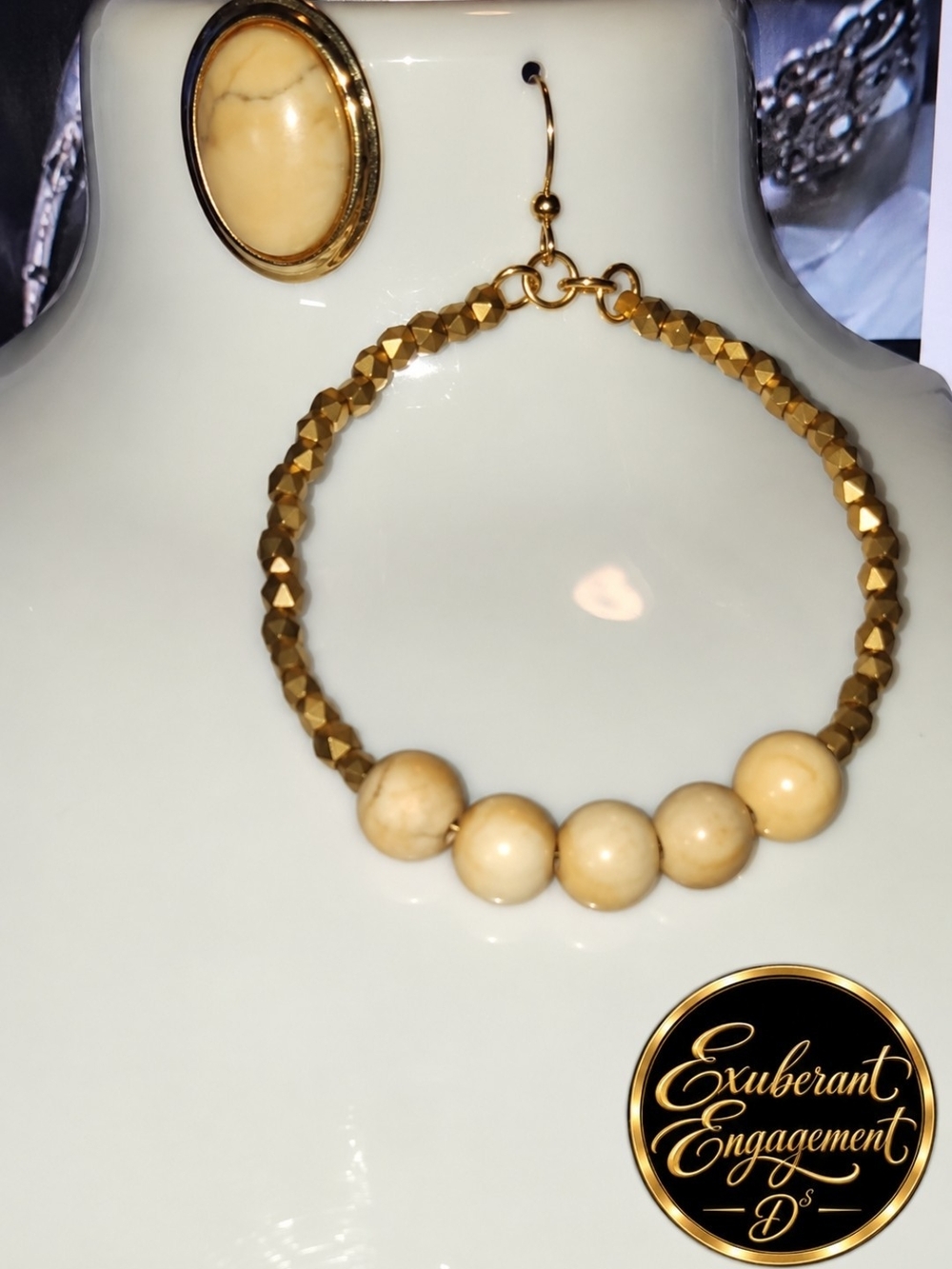 Gold & Cream Cabochaun & Wooden Bead Hoop Drop Earrings